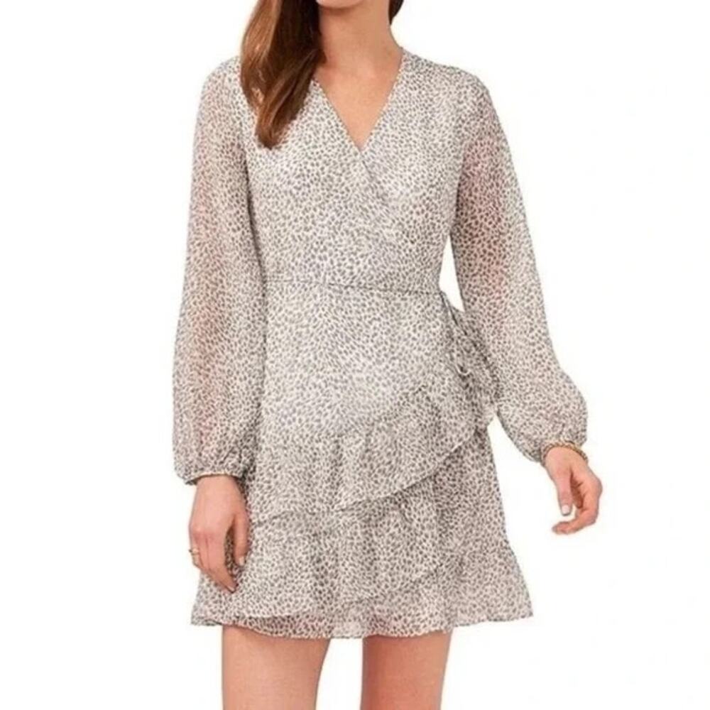 1. State NWT Gray White Animal Dot Chiffon Ruffle Long Sleeve Mini Wrap Dress